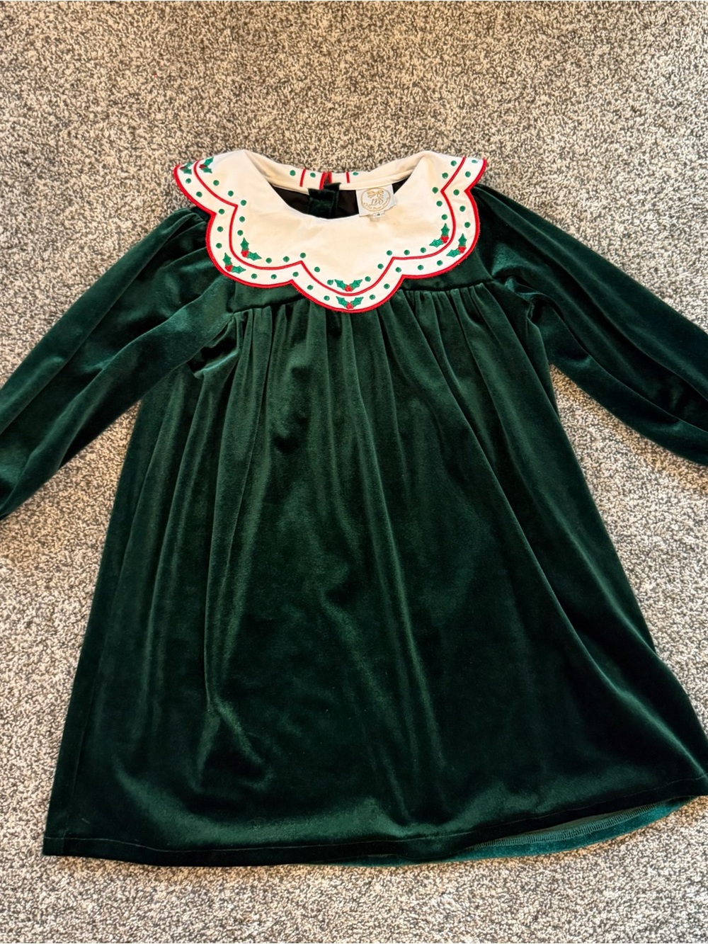 Little Bear Smocks Girls Dark Green Velvet Holiday Dress with embroidered Collar